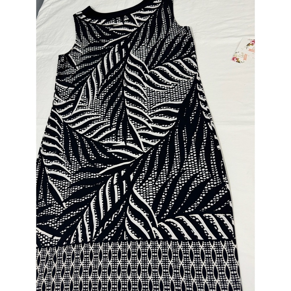Joseph Ribkoff Palm Print Dress Womens 14 Black‎ White Sleeveless Sheath